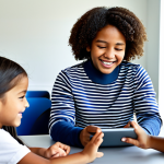 A diverse group of elementary school children, fully clothed in modest, comfortable attire, are actively engaged in an educational game on a tablet device at a clean, modern study desk in a brightly lit learning center. They exhibit expressions of focused enjoyment and excitement, with one child reaching to touch the screen, clearly immersed in the interactive learning experience. The setting is clean and contemporary, promoting a positive learning atmosphere. perfect anatomy, correct proportions, natural pose, well-formed hands, proper finger count, natural body proportions, professional photography, high quality, safe for work, appropriate content, family-friendly, professional dress.