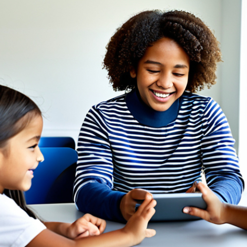 Home 11 A diverse group of elementary school children, fully clothed in modest, comfortable attire, are actively engaged in an educational game on a tablet device at a clean, modern study desk in a brightly lit learning center. They exhibit expressions of focused enjoyment and excitement, with one child reaching to touch the screen, clearly immersed in the interactive learning experience. The setting is clean and contemporary, promoting a positive learning atmosphere. perfect anatomy, correct proportions, natural pose, well-formed hands, proper finger count, natural body proportions, professional photography, high quality, safe for work, appropriate content, family-friendly, professional dress.