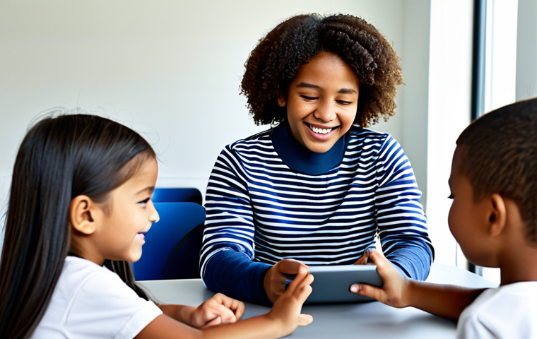 A diverse group of elementary school children, fully clothed in modest, comfortable attire, are actively engaged in an educational game on a tablet device at a clean, modern study desk in a brightly lit learning center. They exhibit expressions of focused enjoyment and excitement, with one child reaching to touch the screen, clearly immersed in the interactive learning experience. The setting is clean and contemporary, promoting a positive learning atmosphere. perfect anatomy, correct proportions, natural pose, well-formed hands, proper finger count, natural body proportions, professional photography, high quality, safe for work, appropriate content, family-friendly, professional dress.