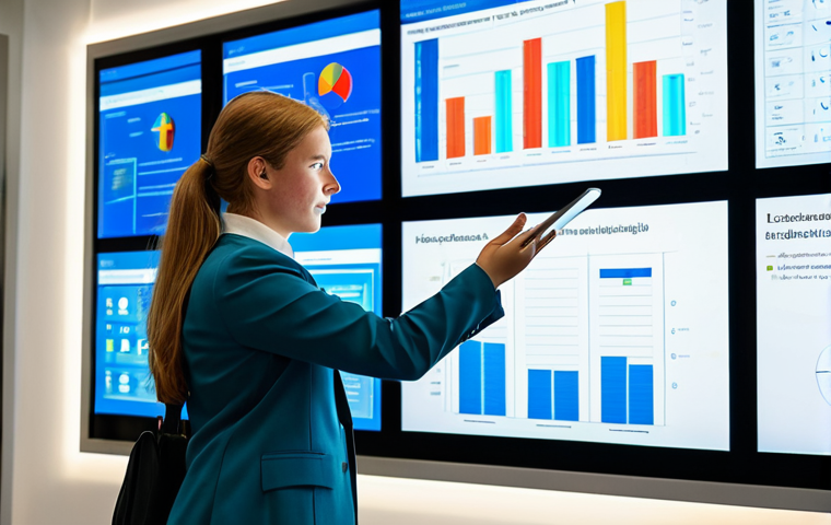 A visionary educational leader, professional, fully clothed in a modest business suit, stands in a brightly lit, modern immersive learning center. Large digital screens display abstract educational concepts and data visualizations. The leader gazes thoughtfully at a screen, embodying strategic planning and future educational design. In the background, fully clothed students are modestly engaged in a collaborative learning activity using tablets. The scene emphasizes innovation and a student-centered approach. Perfect anatomy, correct proportions, natural pose, well-formed hands, proper finger count. Professional photography, high quality, safe for work, appropriate content, family-friendly.